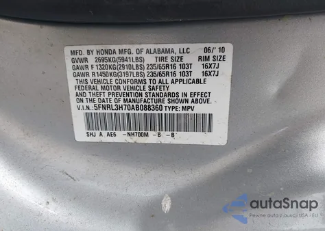 2010 Honda Odyssey Ex-L из США, поврежденный, VIN 5FNRL3H70AB088360